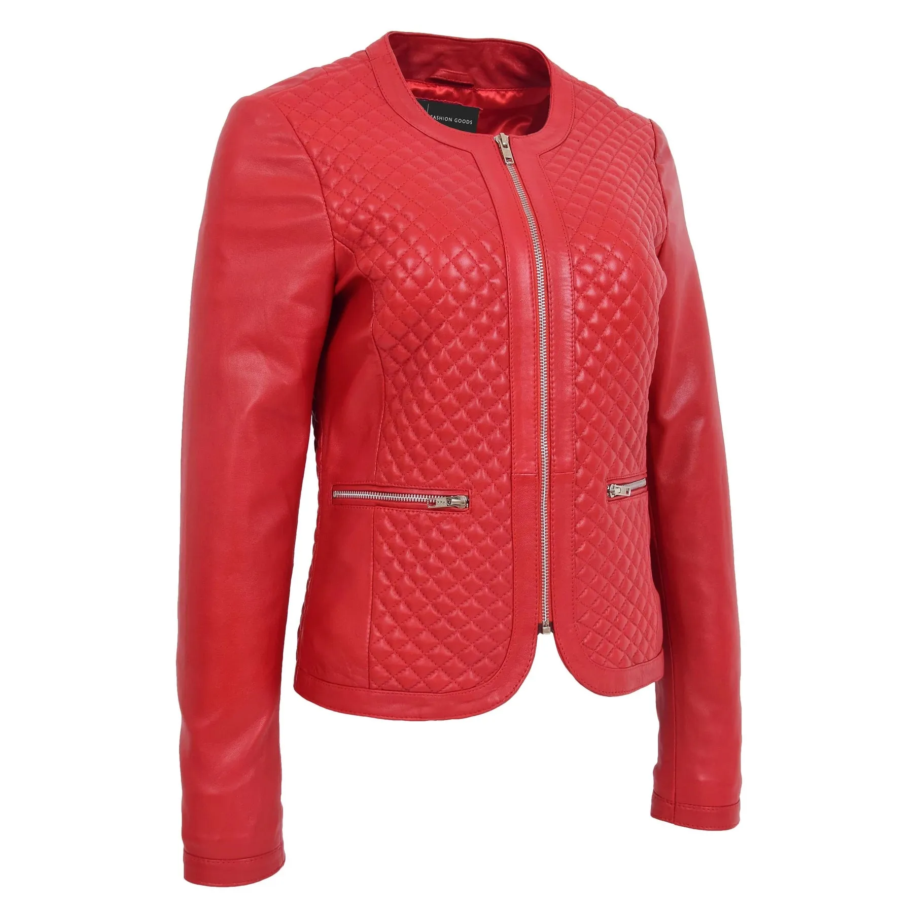 Collarless Quilted Zip Up Fitted Leather Women's Jacket