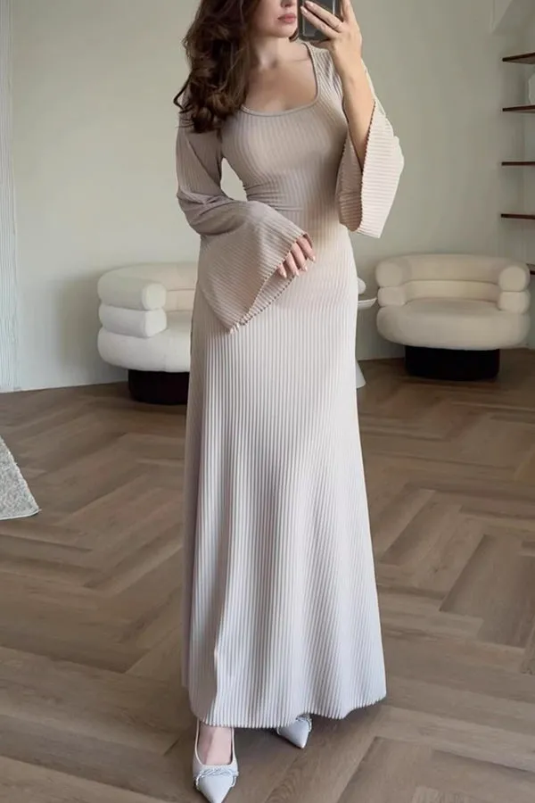 Comfortable Elegance Ribbed Bell Long Sleeve Stretch Maxi Dress