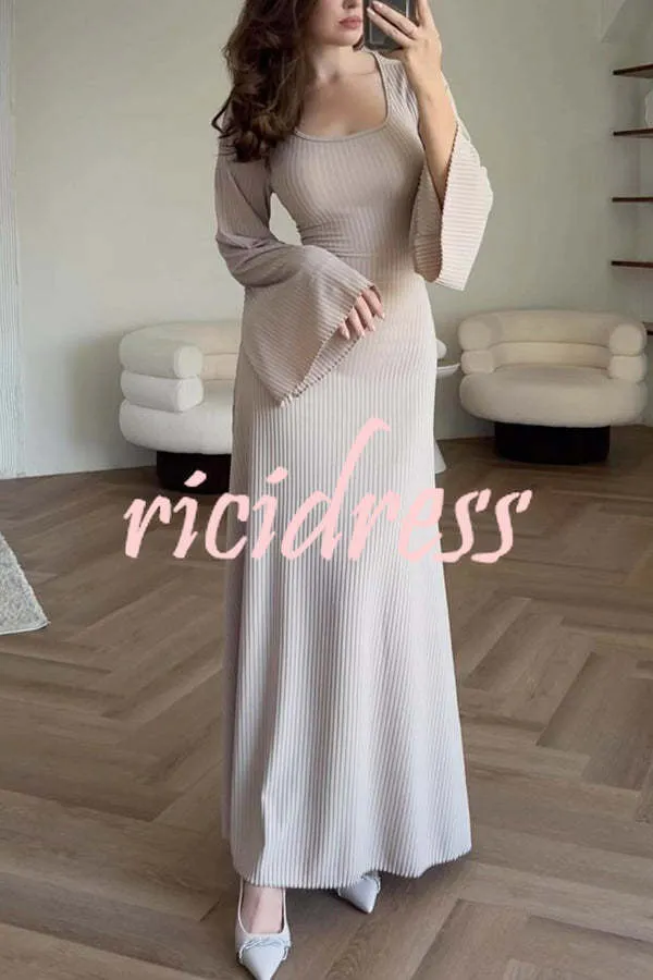 Comfortable Elegance Ribbed Bell Long Sleeve Stretch Maxi Dress