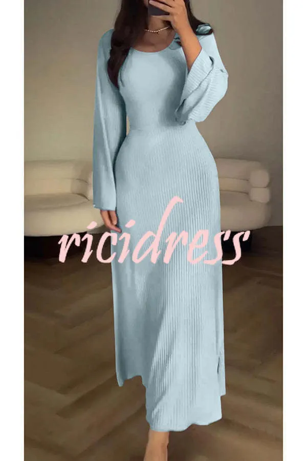 Comfortable Elegance Ribbed Bell Long Sleeve Stretch Maxi Dress