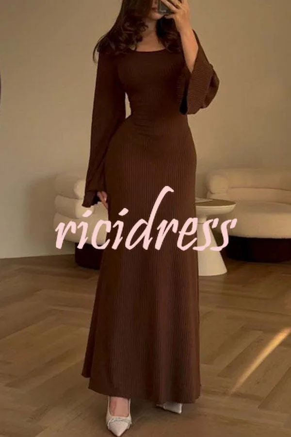 Comfortable Elegance Ribbed Bell Long Sleeve Stretch Maxi Dress