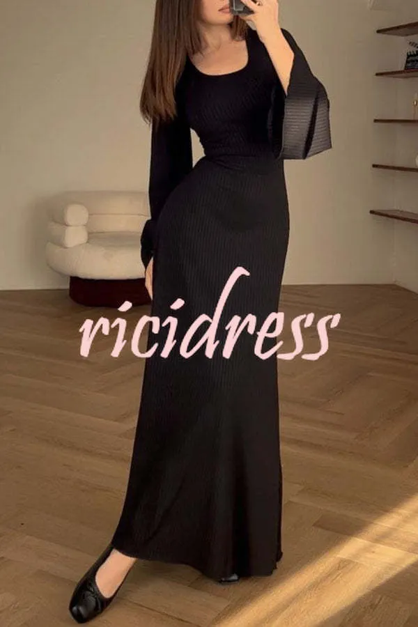 Comfortable Elegance Ribbed Bell Long Sleeve Stretch Maxi Dress