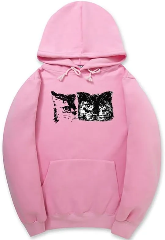 CORIRESHA Cute Cat Face Hoodie Long Sleeve Drawstring Kangaroo Pocket Basic Sweatshirt