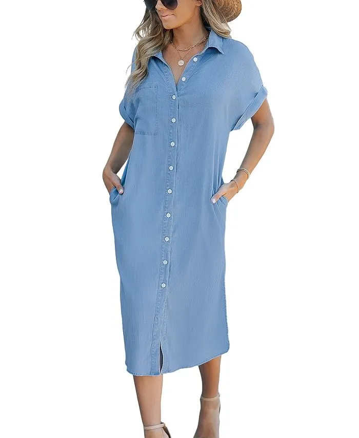 CUPSHE Women's Short Sleeve Button Down Denim Dress, Blue