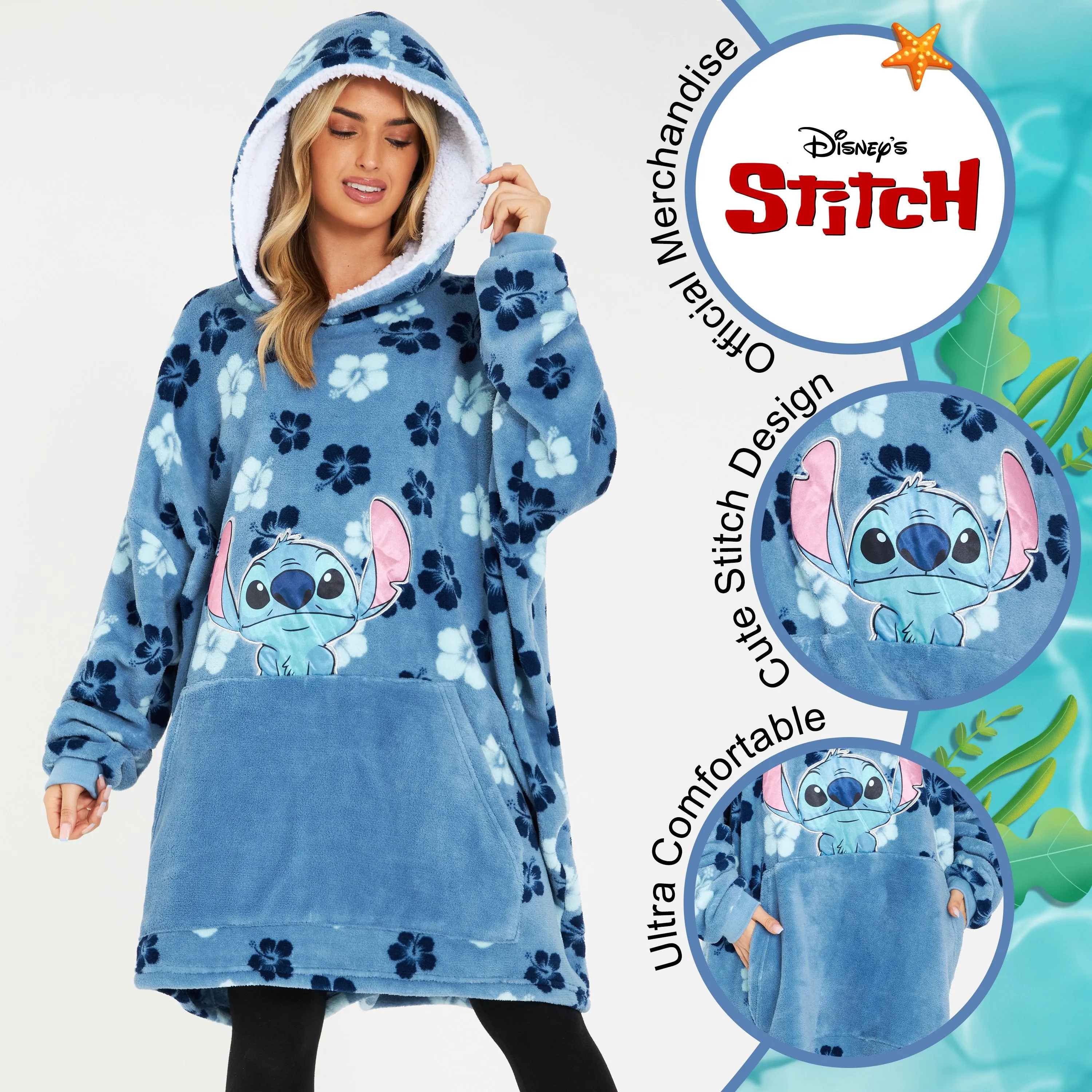 Disney Hoodie Blanket, Stitch Sherpa Fleece Oversized Hoodie - Stitch Tropical Flowers