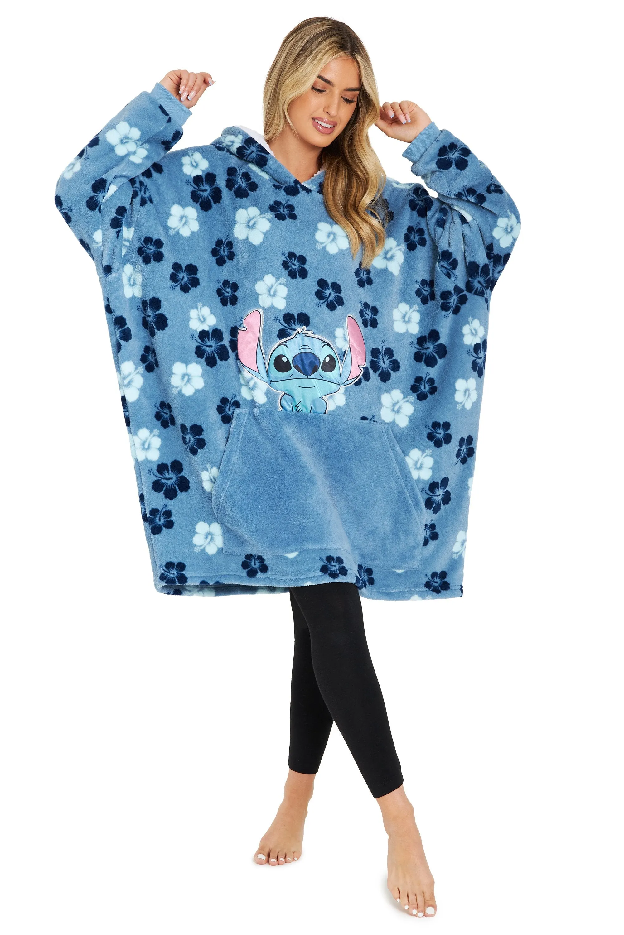 Disney Hoodie Blanket, Stitch Sherpa Fleece Oversized Hoodie - Stitch Tropical Flowers