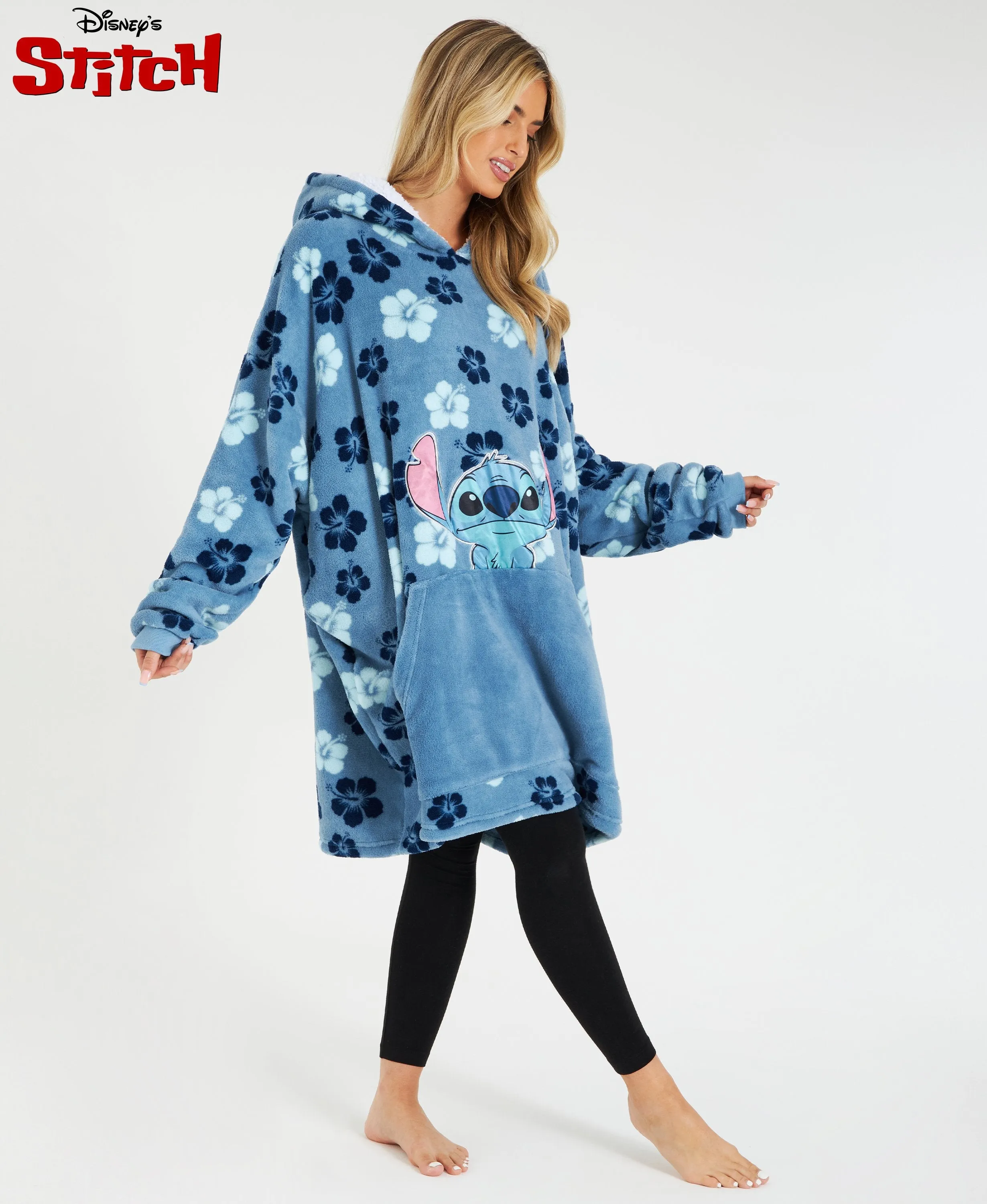 Disney Hoodie Blanket, Stitch Sherpa Fleece Oversized Hoodie - Stitch Tropical Flowers