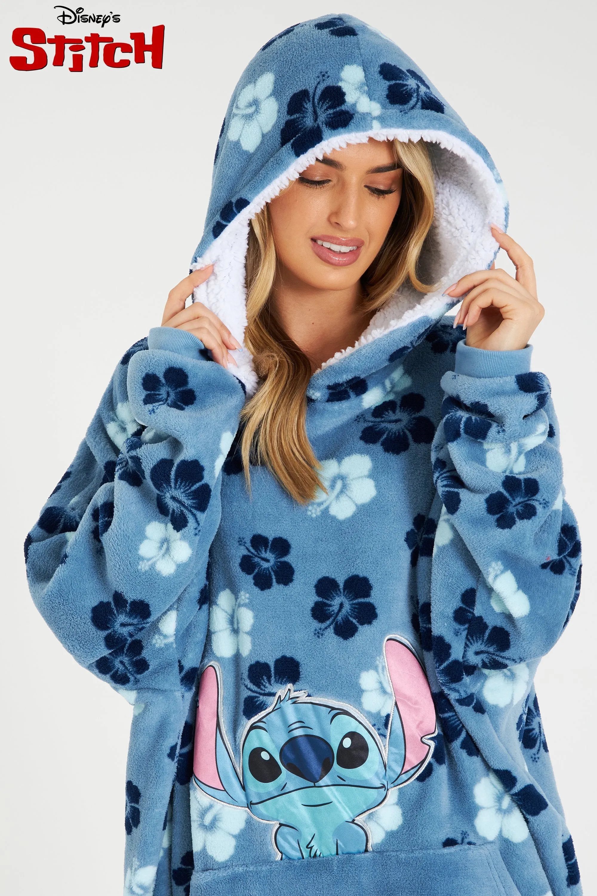 Disney Hoodie Blanket, Stitch Sherpa Fleece Oversized Hoodie - Stitch Tropical Flowers