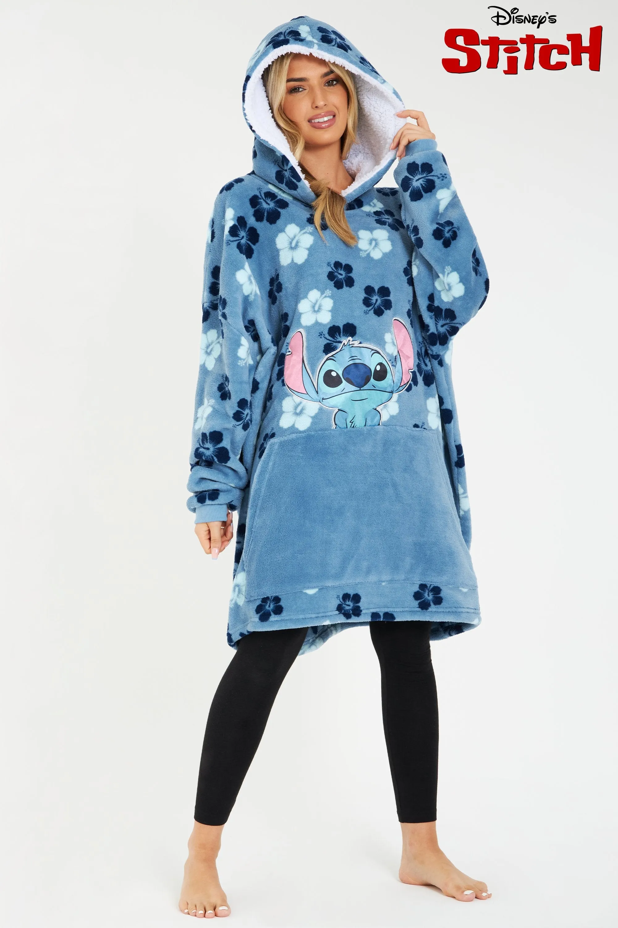 Disney Hoodie Blanket, Stitch Sherpa Fleece Oversized Hoodie - Stitch Tropical Flowers