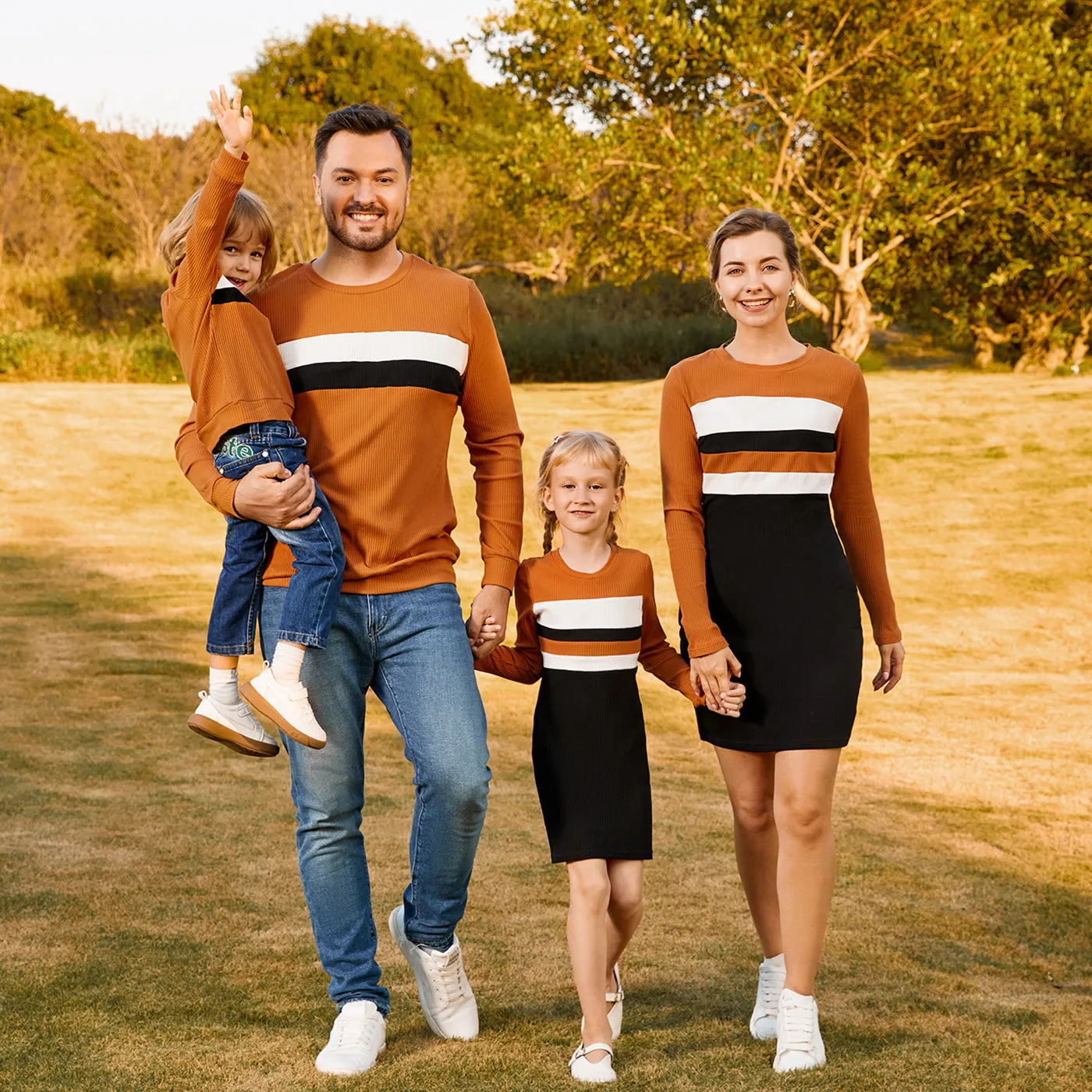 Family Matching Cotton Rib Knit Colorblock Long-sleeve Bodycon Dresses and Tops Sets