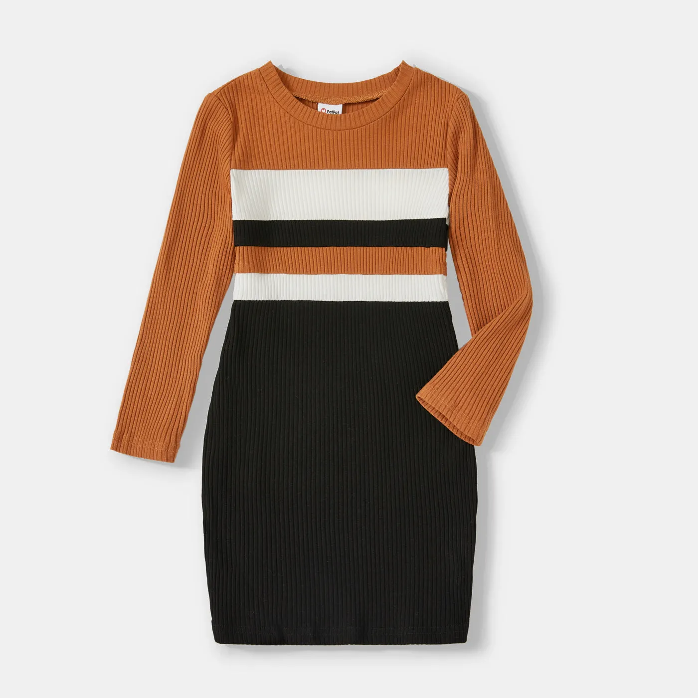 Family Matching Cotton Rib Knit Colorblock Long-sleeve Bodycon Dresses and Tops Sets