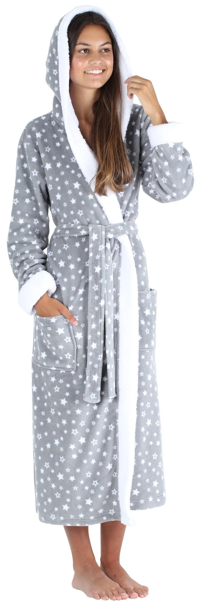 Frankie & Johnny Women’s Fleece Robe Sherpa-Lined Hooded Bathrobe