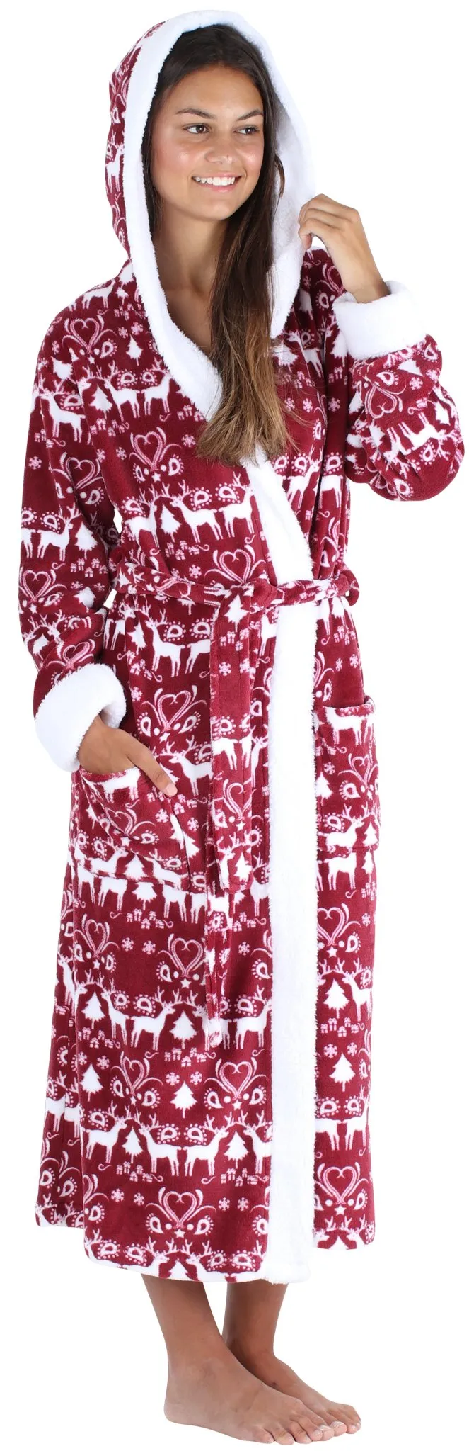 Frankie & Johnny Women’s Fleece Robe Sherpa-Lined Hooded Bathrobe