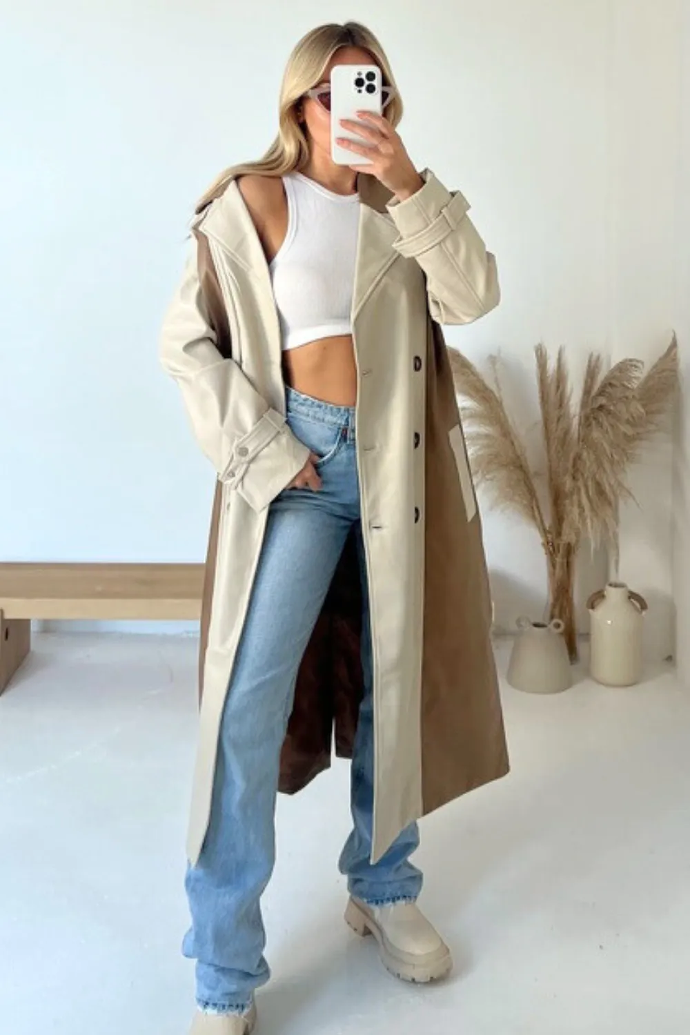 Holly camel and cream contrast leather trench coat