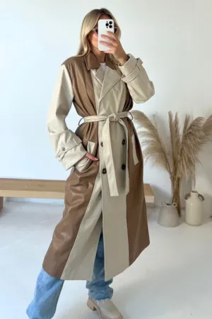 Holly camel and cream contrast leather trench coat