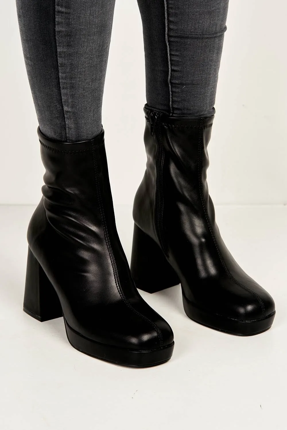 Katherine Platform Block Heel Ankle Boots in Black