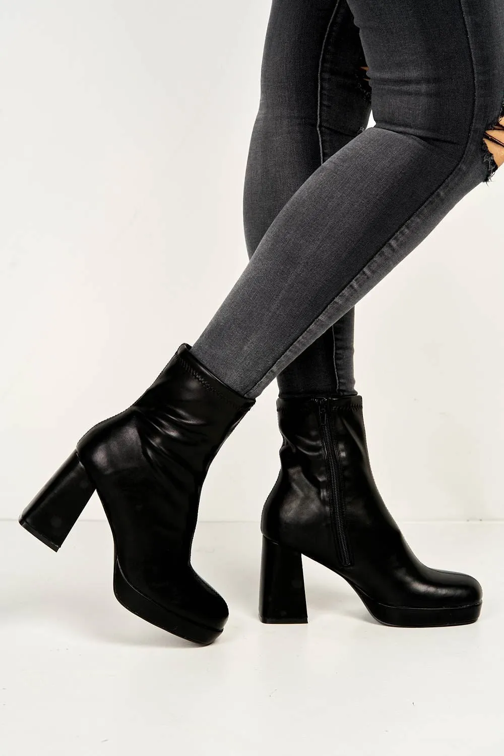 Katherine Platform Block Heel Ankle Boots in Black