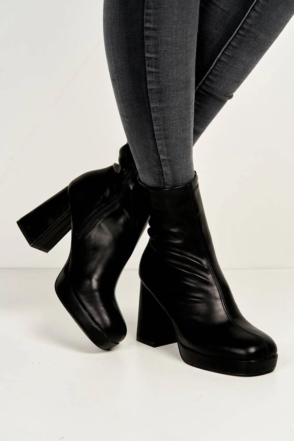 Katherine Platform Block Heel Ankle Boots in Black