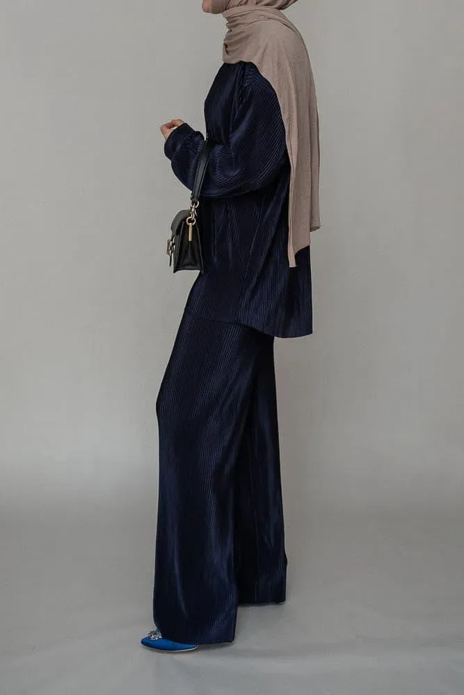 Kibaar pleated modest set with pants and shirt in navy dark blue