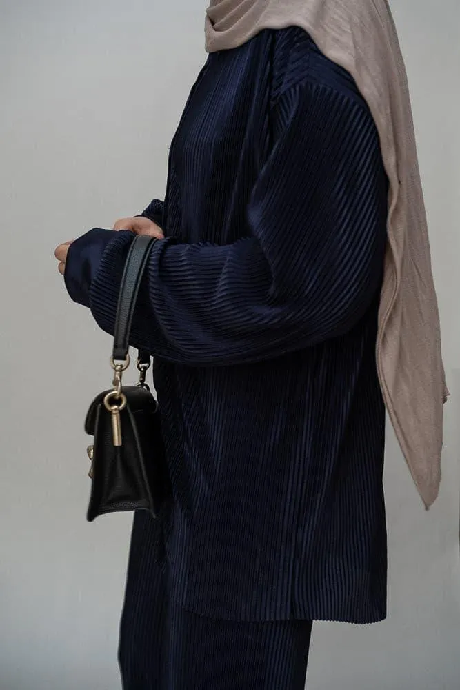 Kibaar pleated modest set with pants and shirt in navy dark blue