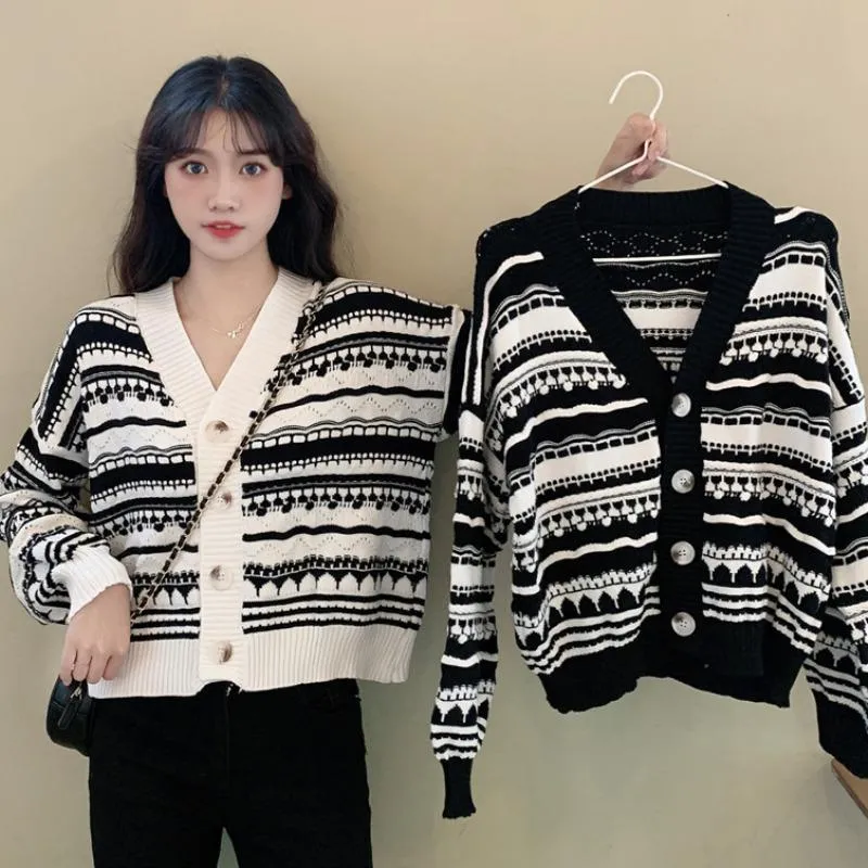 Knitted Cardigan Women Lazy Trendy Short Loose Slim-Look V-Neck Long Sleeved Tops Sweater