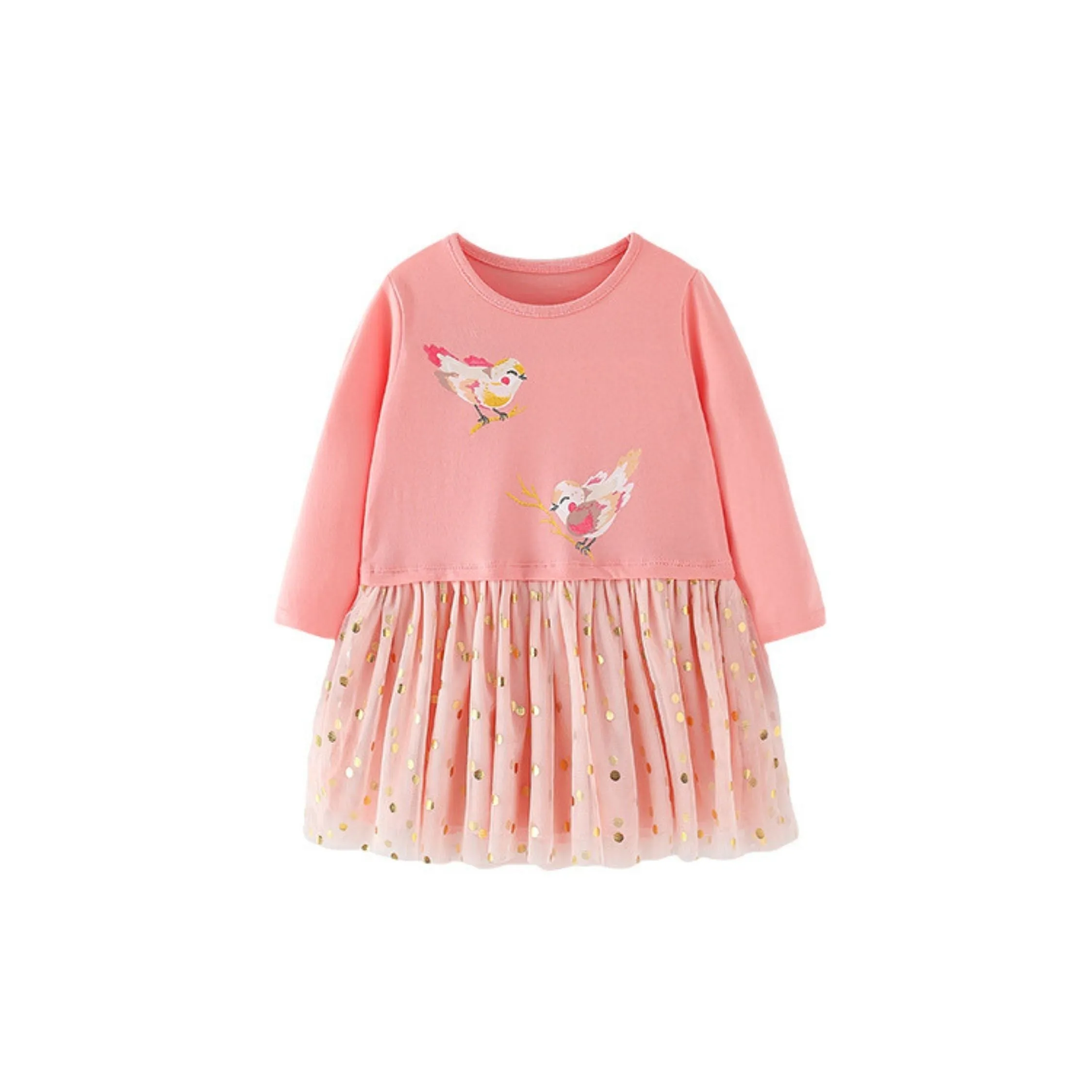 Long Sleeves Cute Birds Theme Cotton Girls Dress in Pink