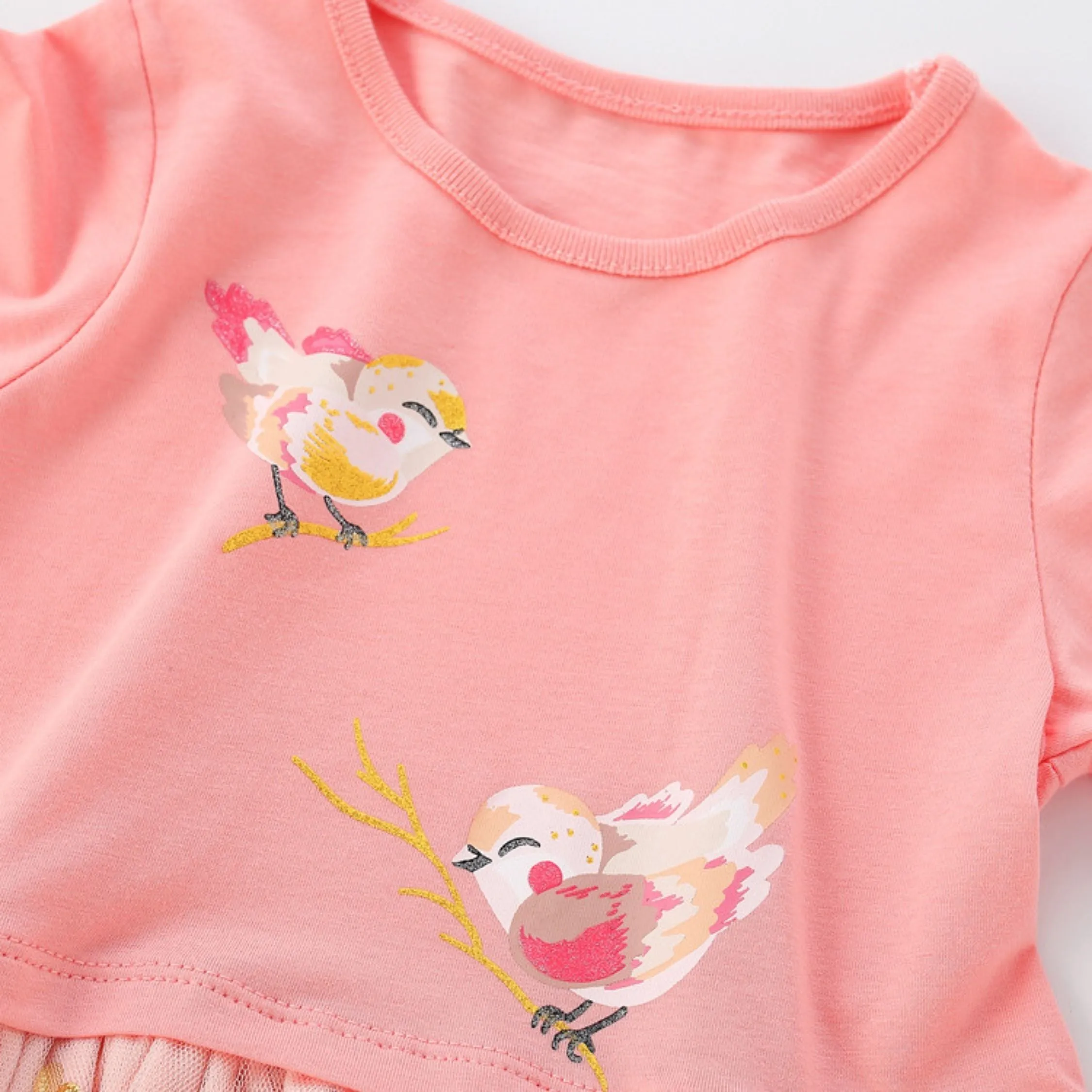 Long Sleeves Cute Birds Theme Cotton Girls Dress in Pink