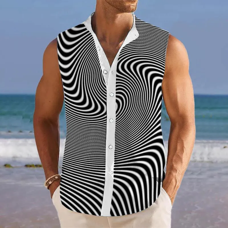 Men's Breathable Linen Lapel Printed Sleeveless Shirt 01170234YM