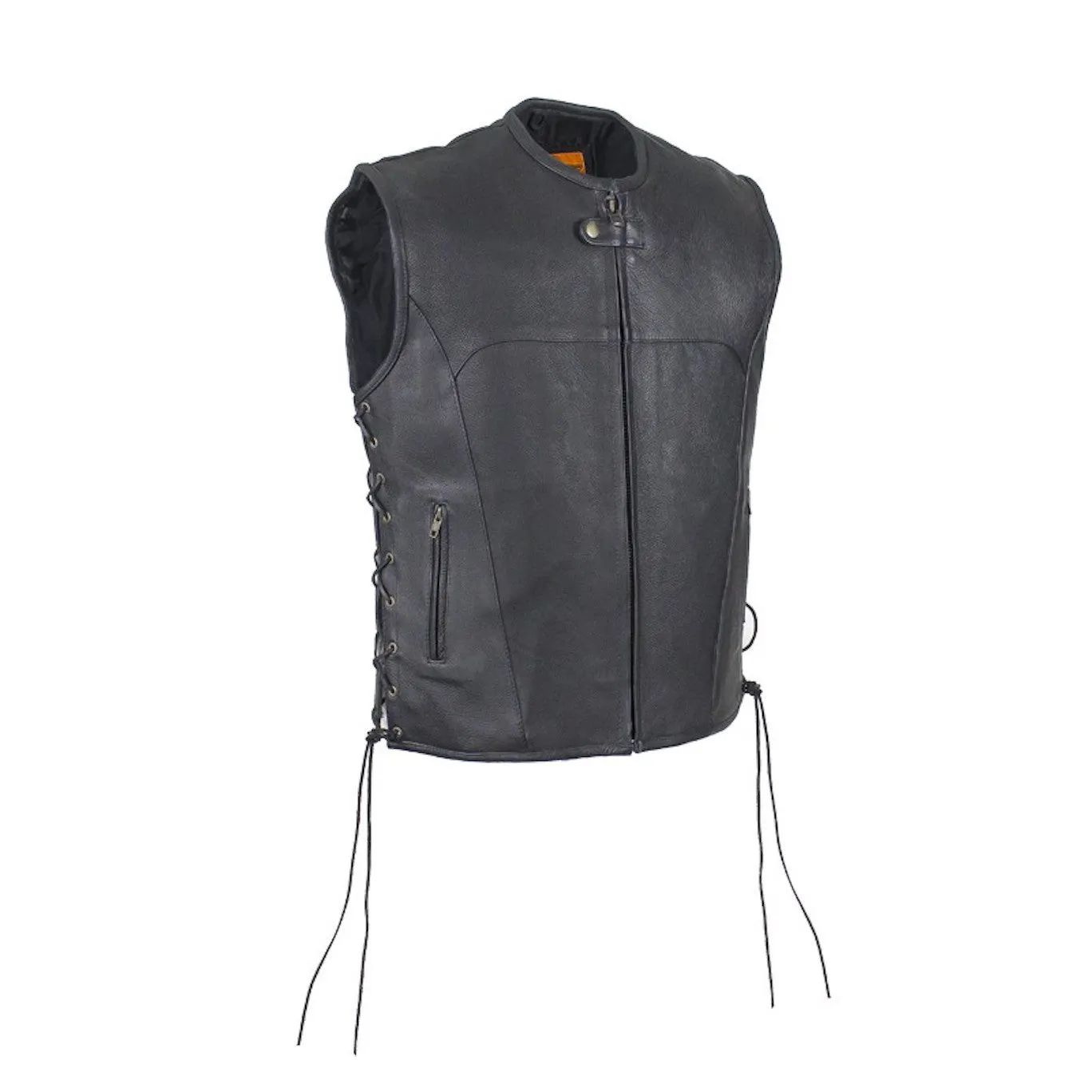 Mens Naked Leather Zippered Motorcycle Club Vest With No Collar