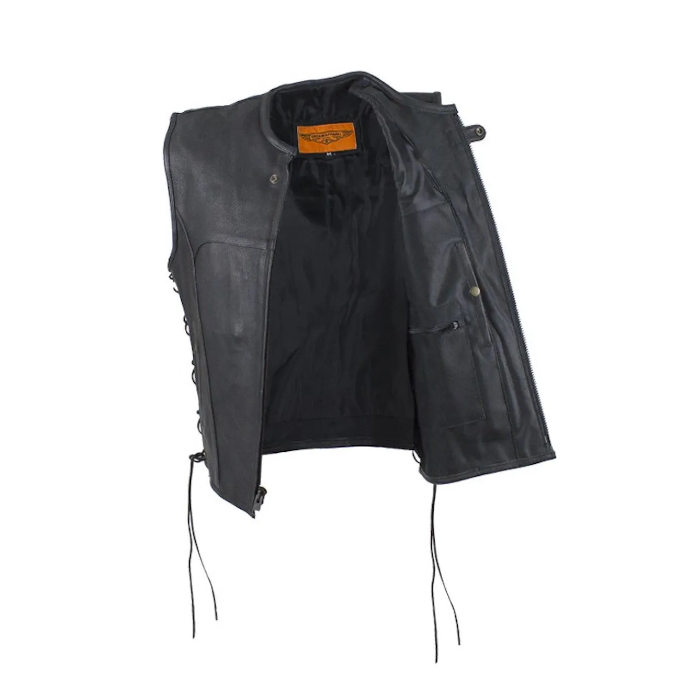 Mens Naked Leather Zippered Motorcycle Club Vest With No Collar