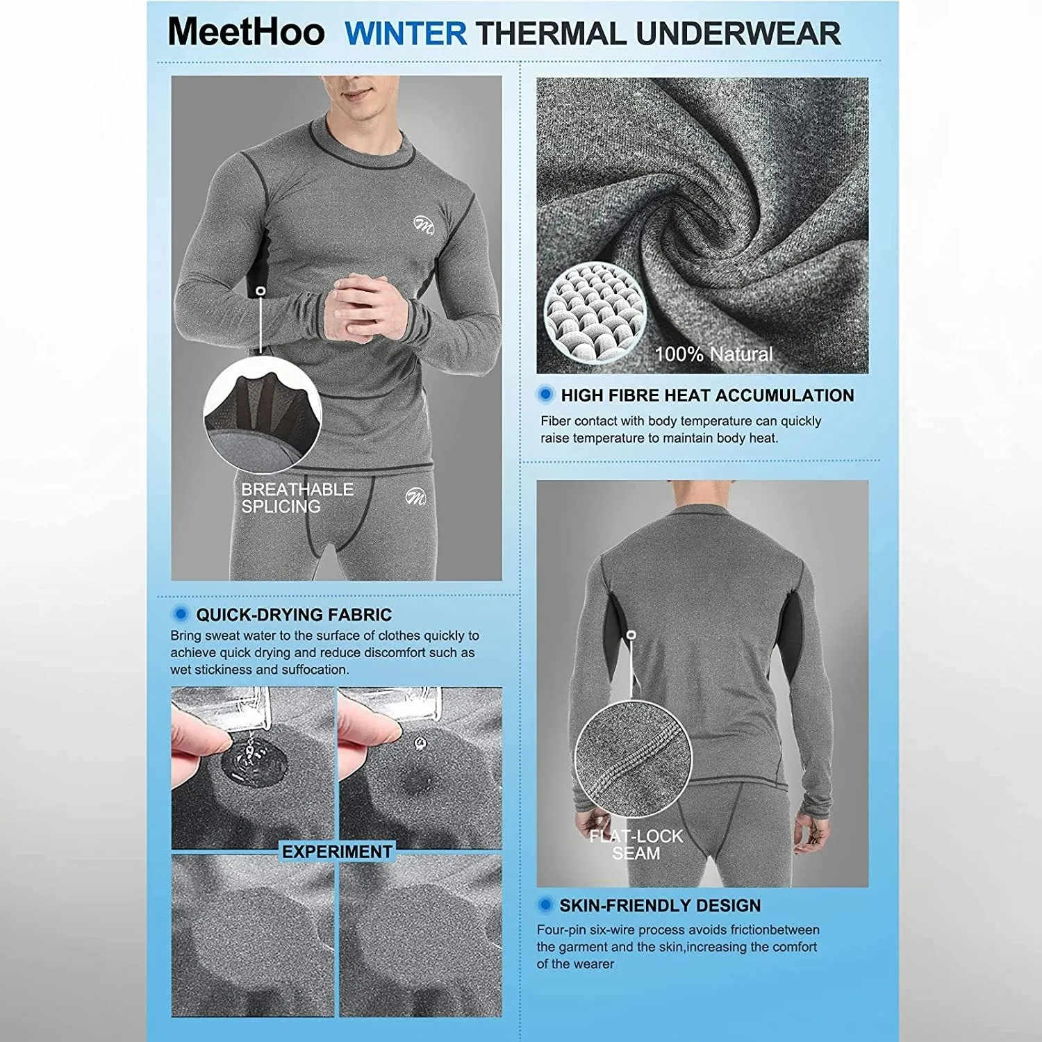 Men’s Thermal Underwear Set, Compression Base Layer Sports Long Johns Fleece Lined Winter Gear Running Skiing