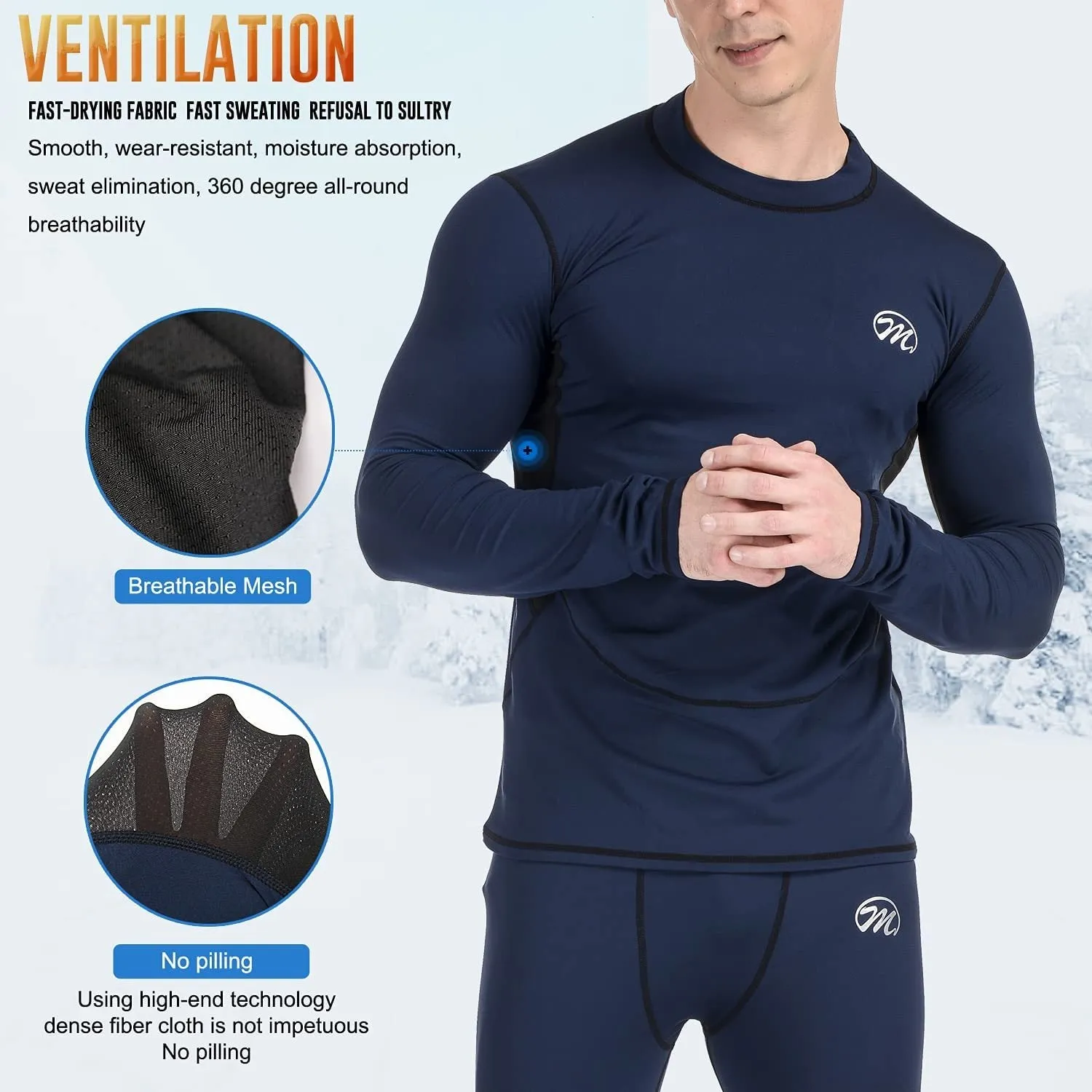 Men’s Thermal Underwear Set, Compression Base Layer Sports Long Johns Fleece Lined Winter Gear Running Skiing