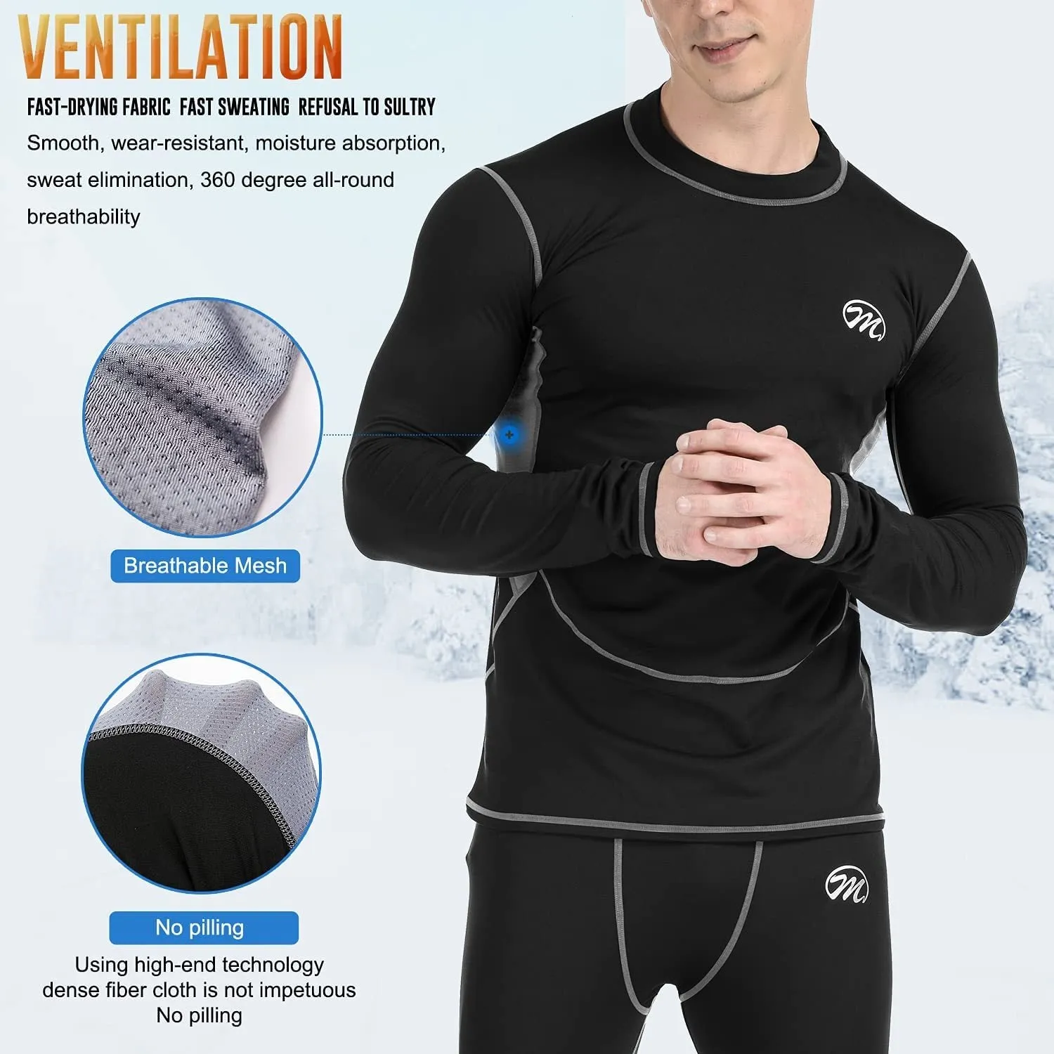 Men’s Thermal Underwear Set, Compression Base Layer Sports Long Johns Fleece Lined Winter Gear Running Skiing