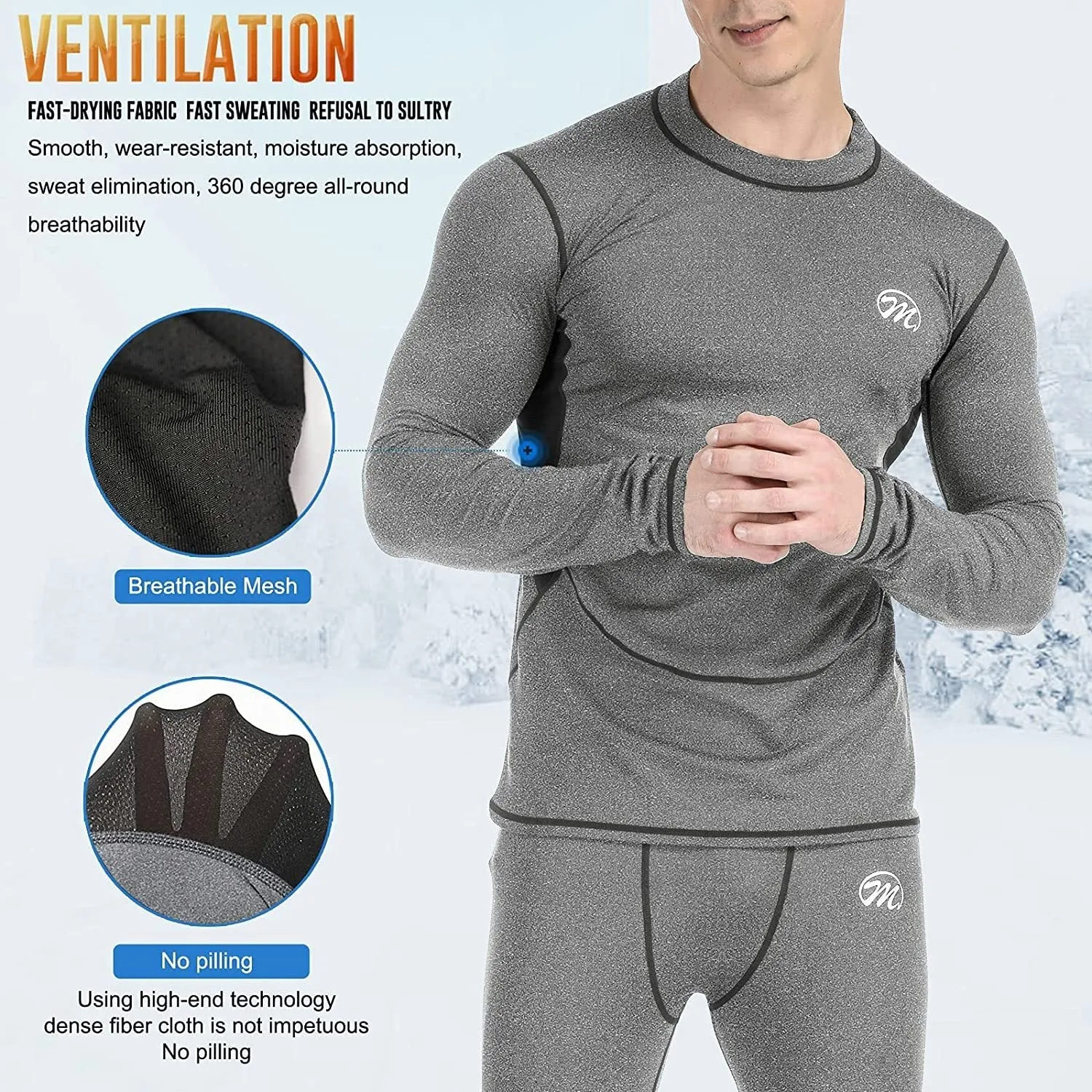 Men’s Thermal Underwear Set, Compression Base Layer Sports Long Johns Fleece Lined Winter Gear Running Skiing