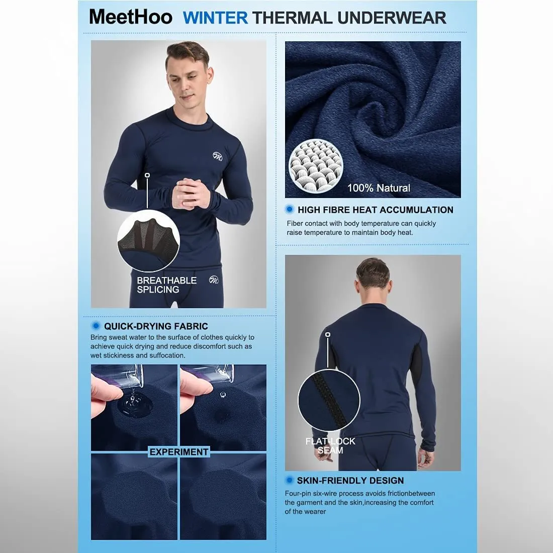 Men’s Thermal Underwear Set, Compression Base Layer Sports Long Johns Fleece Lined Winter Gear Running Skiing