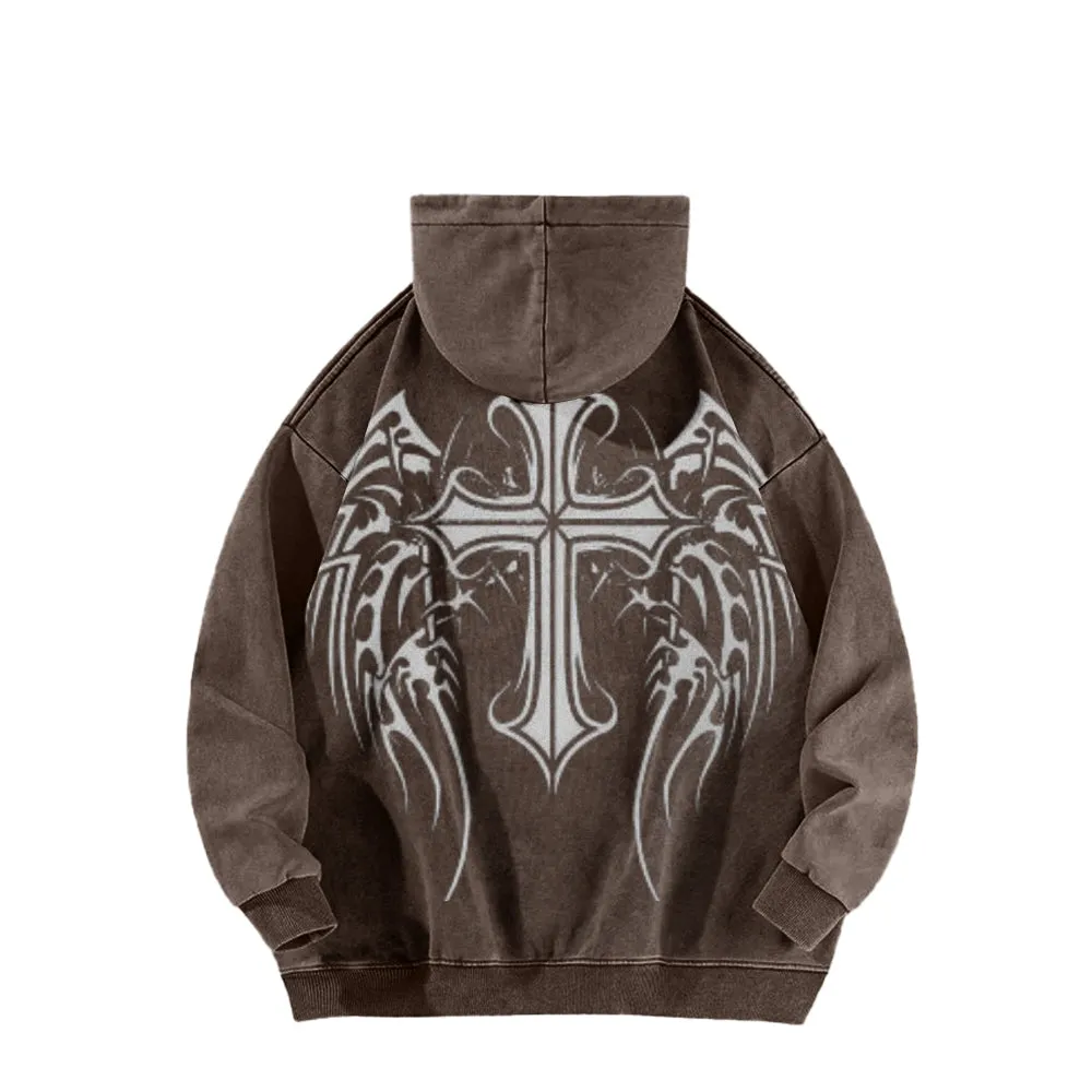 Mens Vintage Winged Tribal Cross Print Hoodies