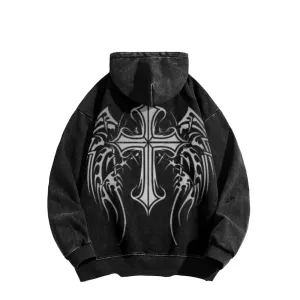 Mens Vintage Winged Tribal Cross Print Hoodies