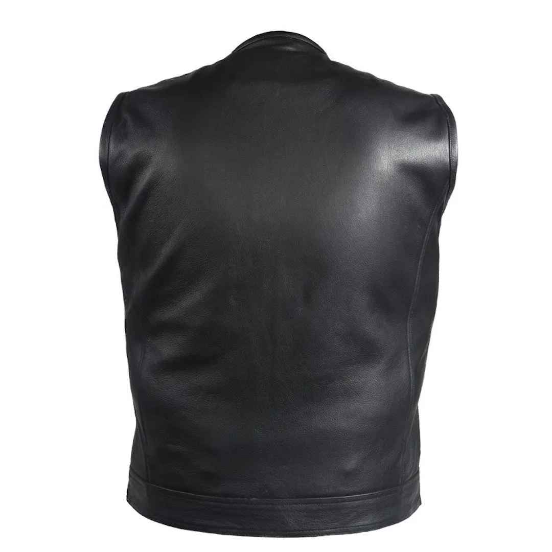 Men's Zip Front 1/2" Collar Naked Leather Motorcycle Club Vest Gun Pockets Solid Back