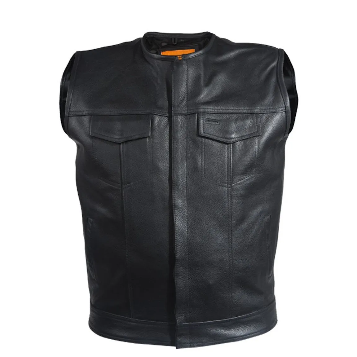 Men's Zip Front 1/2" Collar Naked Leather Motorcycle Club Vest Gun Pockets Solid Back