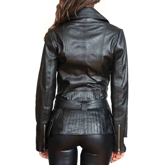 Mid Length Fitted Women's Sheepskin Leather Biker Jacket