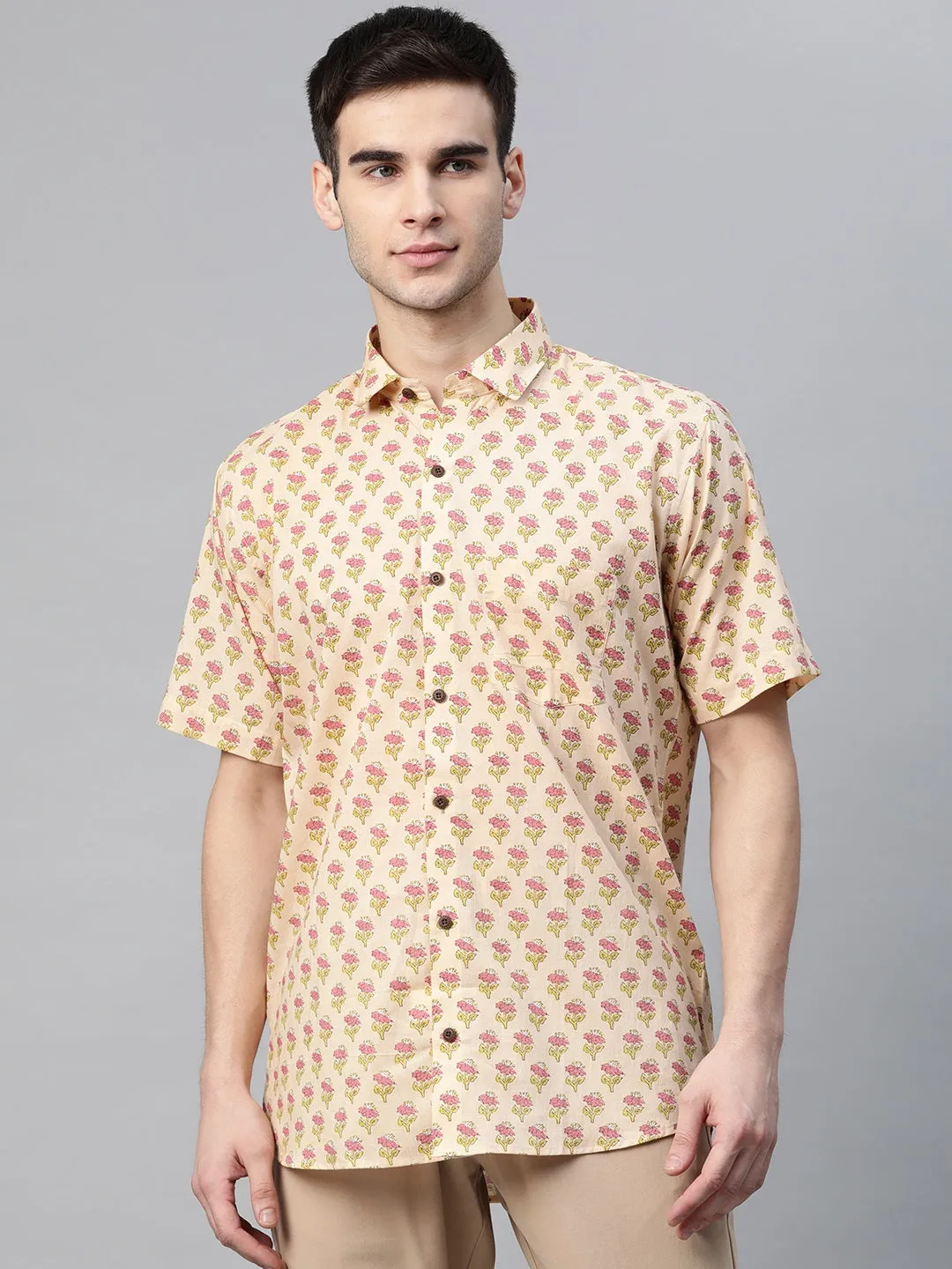 Millennial Men Beige Cotton Half Sleeves Shirt-Mmh056