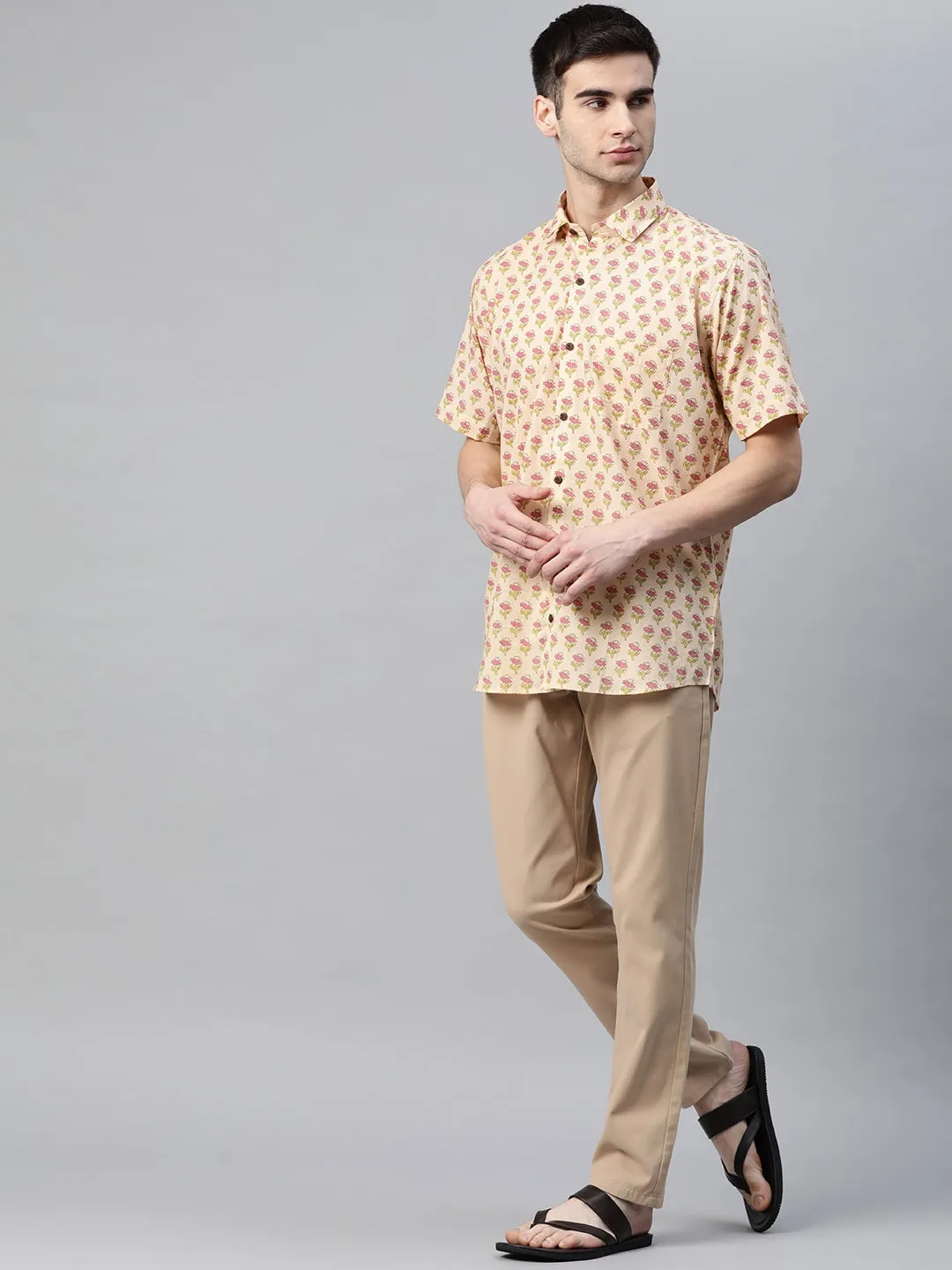 Millennial Men Beige Cotton Half Sleeves Shirt-Mmh056