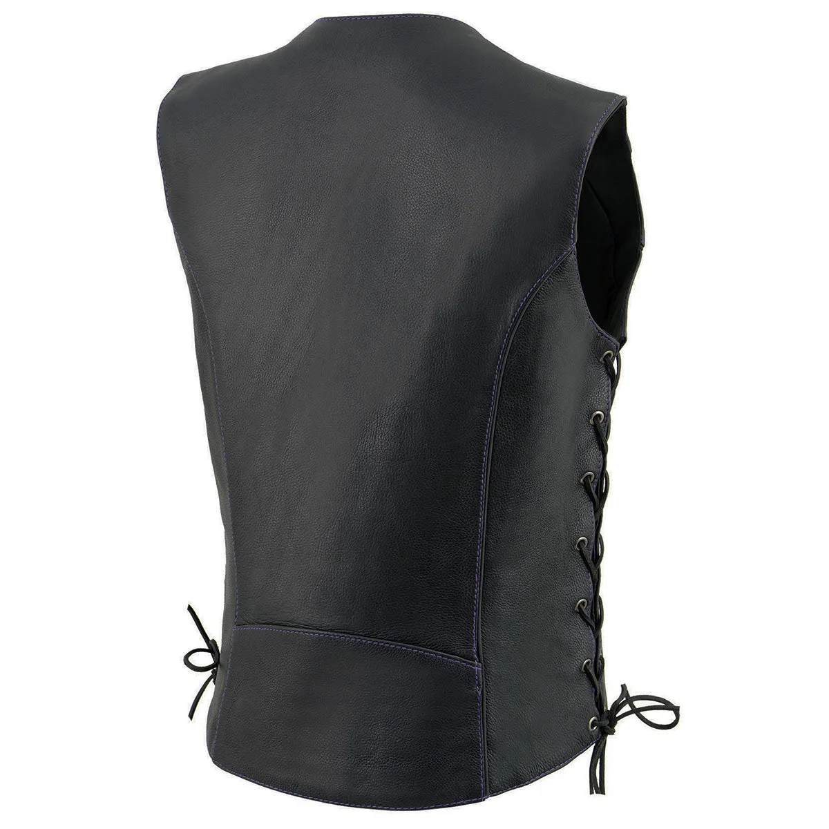 Milwaukee Leather ML1296 Women's Black Leather Side Lace Motorcycle Rider Vest- Reflective Piping and Purple Skulls