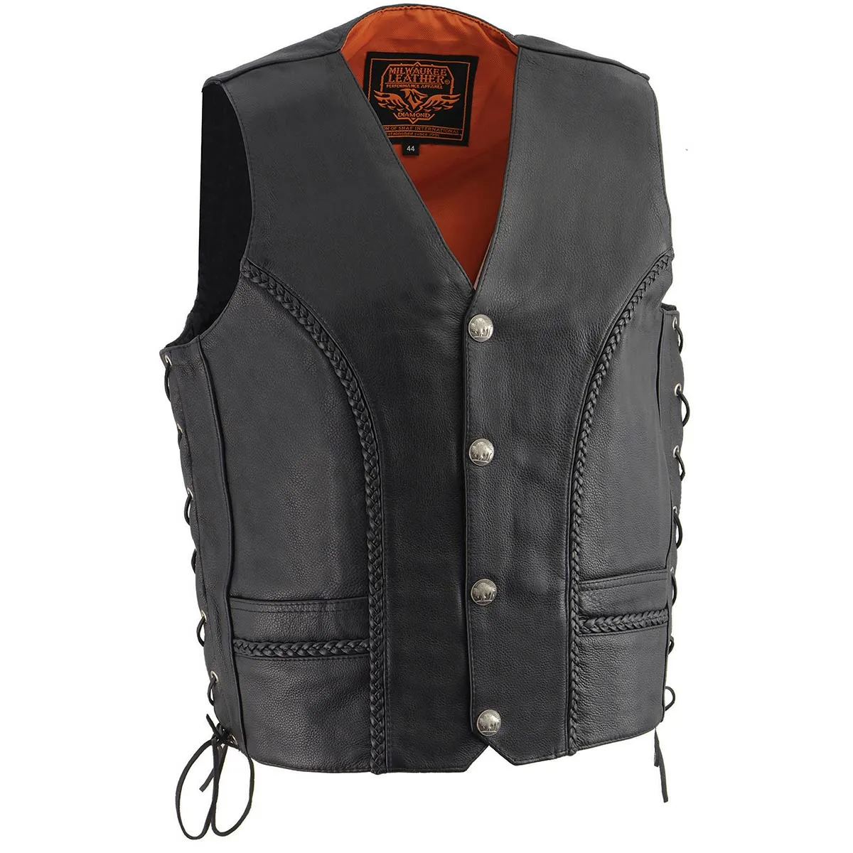 Milwaukee Leather ML1359 Men's Black Premium Leather Side Lace Motorcycle Rider Vest w/ Buffalo Nickel Snaps Closure