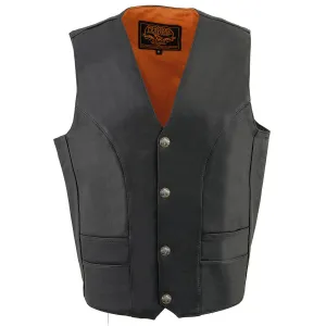 Milwaukee Leather ML1368 Men's Black Premium Leather V-Neck Motorcycle Rider Vest w/ Buffalo Nickel Snaps Closure