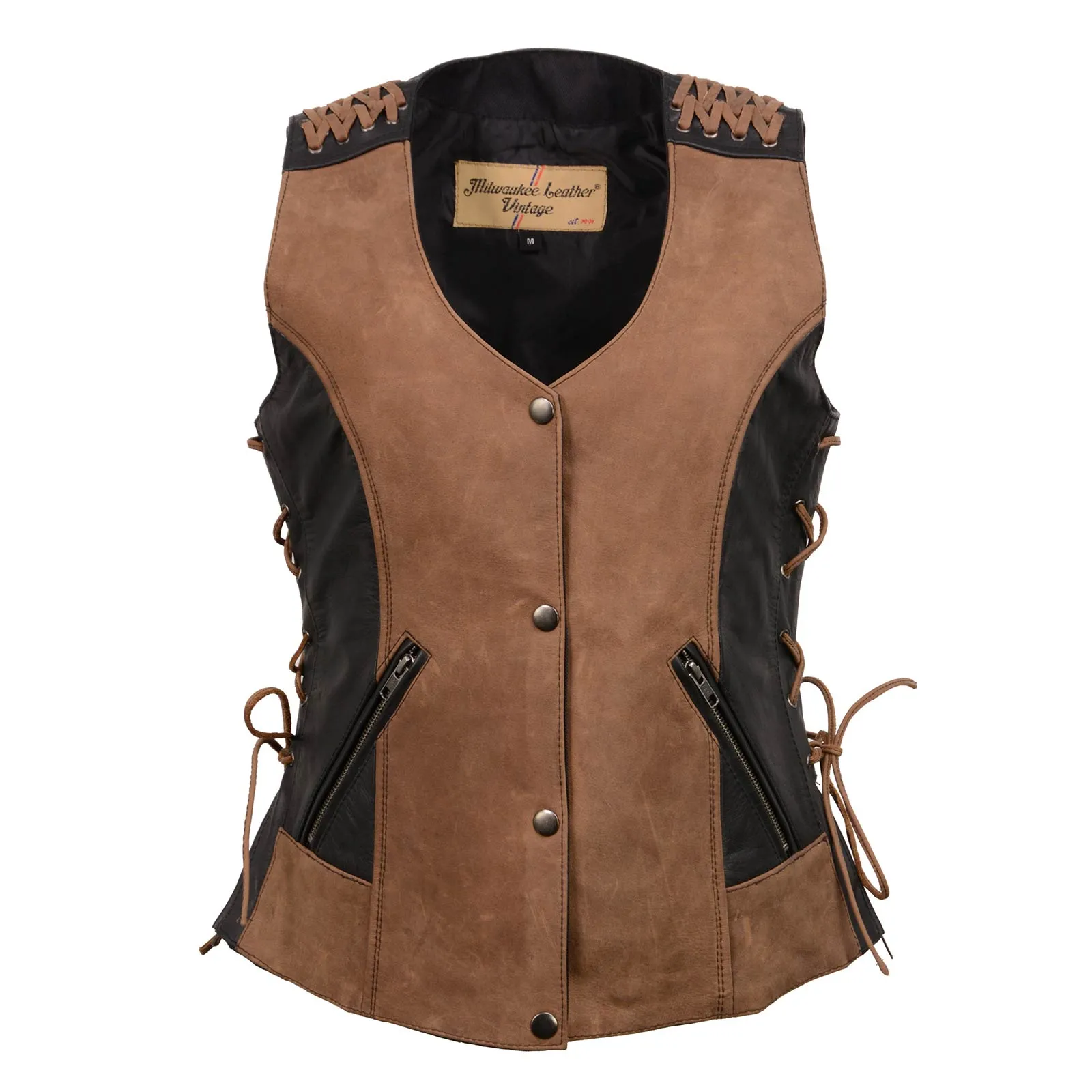 Milwaukee Leather MLL4509 Women's 'Smoocher' Vintage Two Tone Crazy Horse Brown and Black Leather Club Style Motorcycle Vest