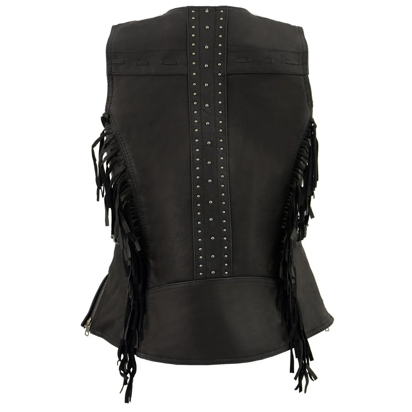 Milwaukee Leather MLL4565 Women's Black Fringed Leather Rivet Detail Side Buckle and Zipper Motorcycle Rider Vest