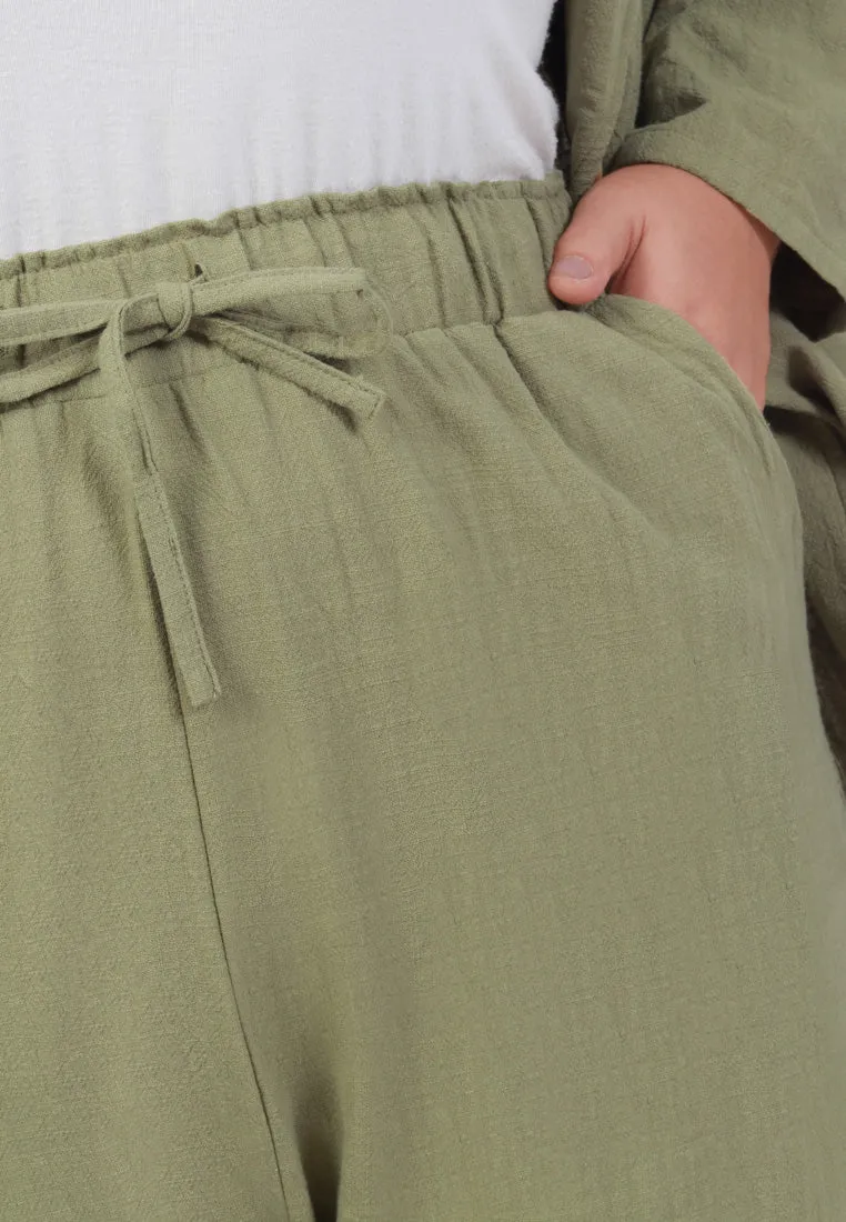 Pami Drawstring Linen Tapered Pants - Light Kaya Green