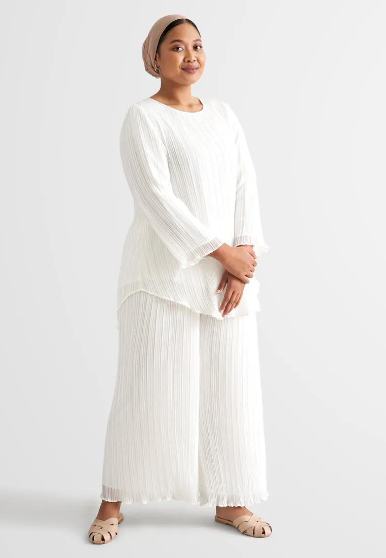 Pearly Chiffon Pleated Pants Set - White