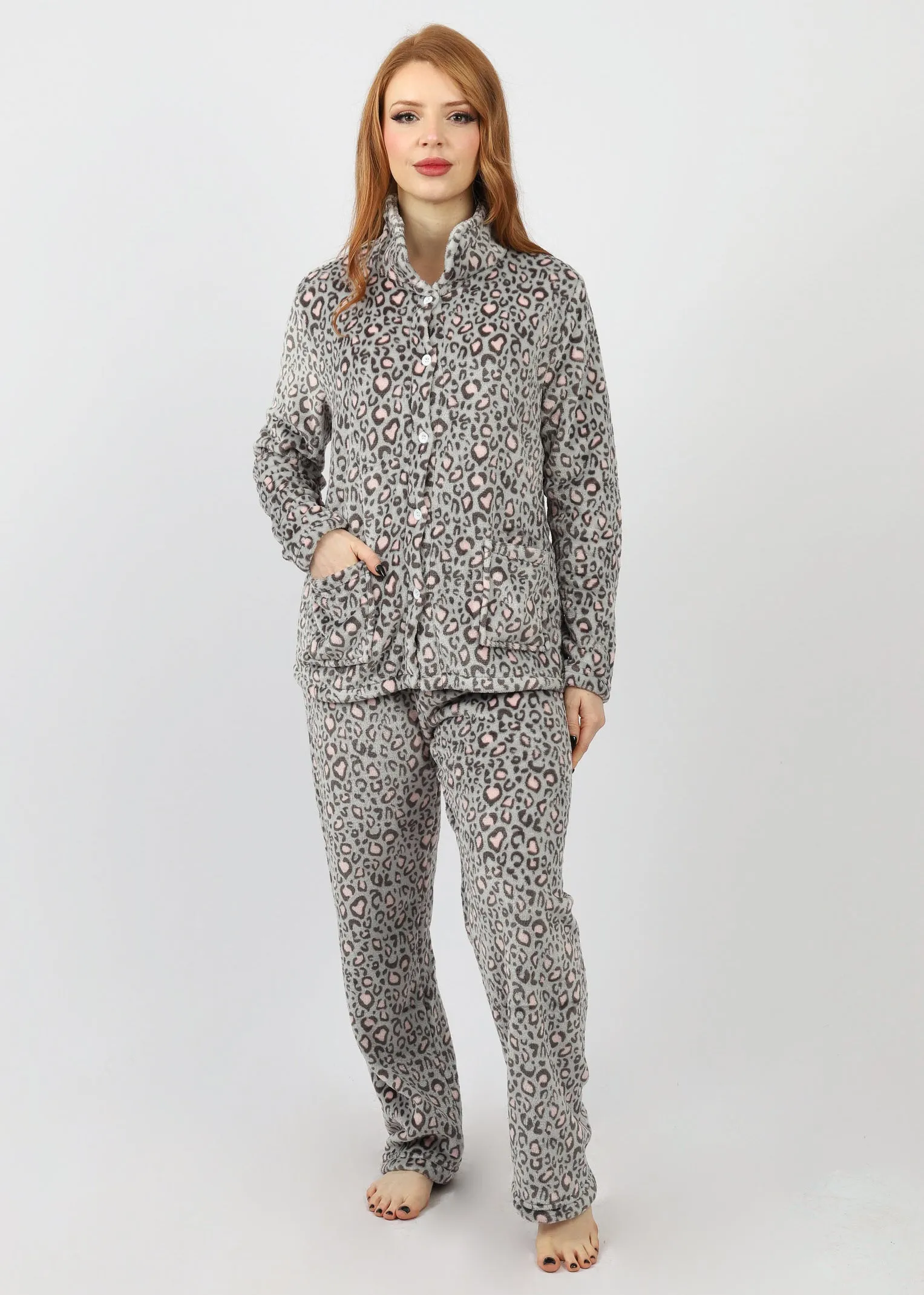 Pink Grey Leopard Button PJ Set